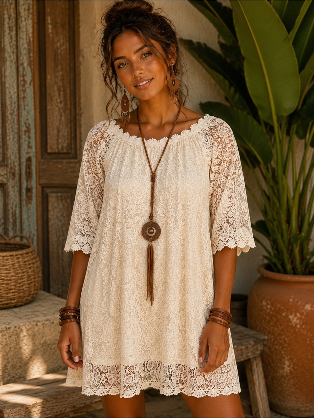 Small Umgee Cream Lace Off-Shoulder Top